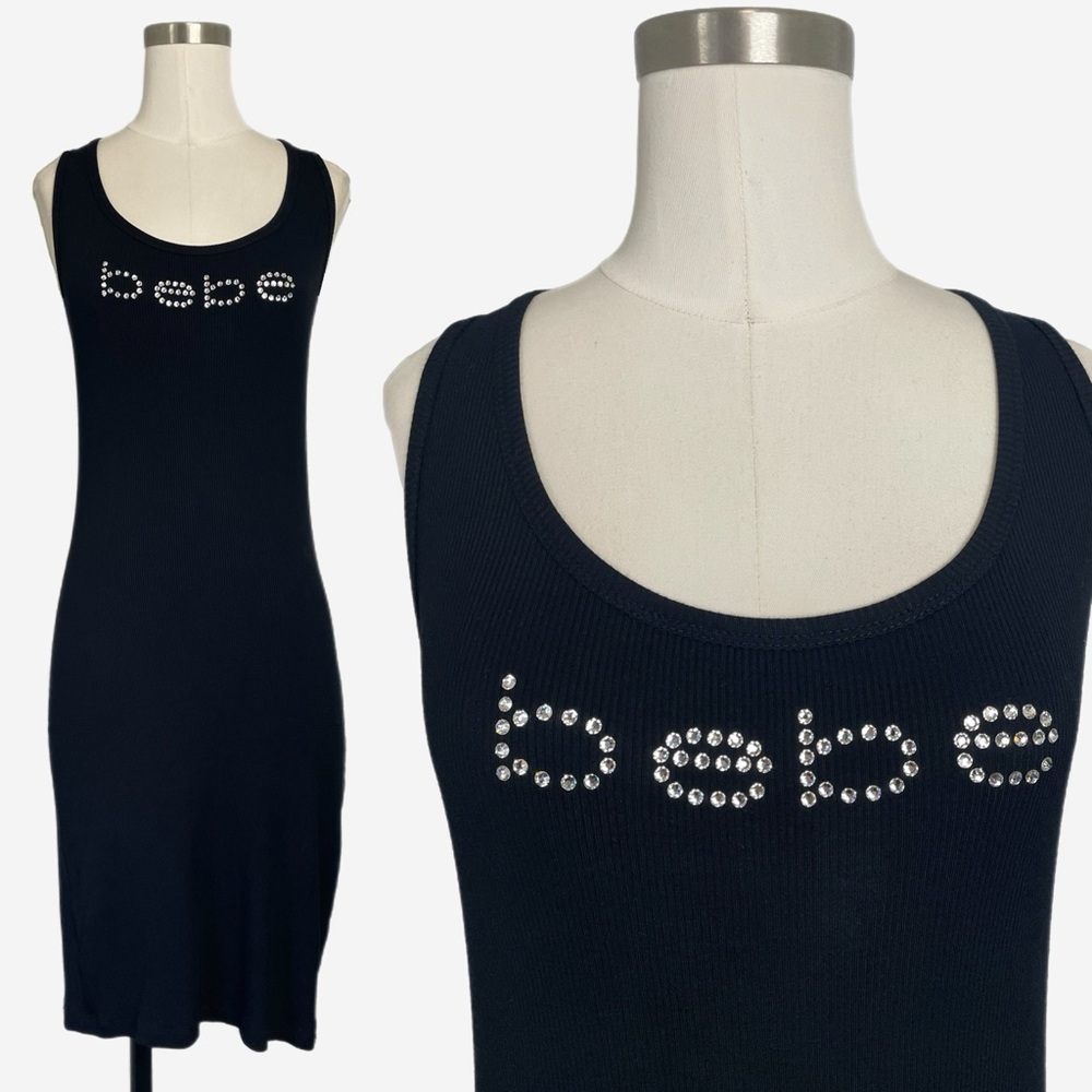 Bebe black rhinestone logo ribbed stretch cross back halter tank dress Y2K M